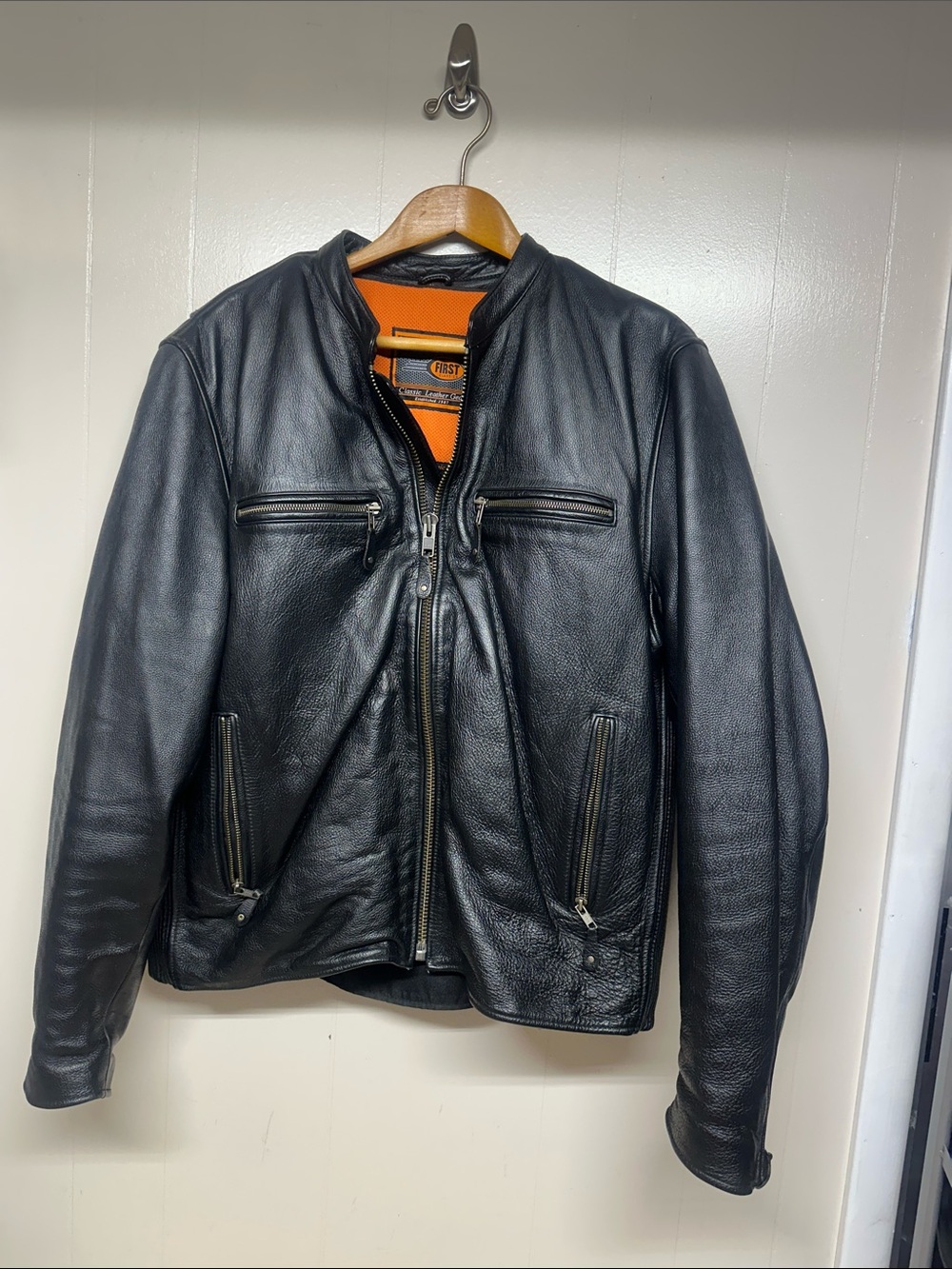 Black Leather Performance Jacket with Orange Lining